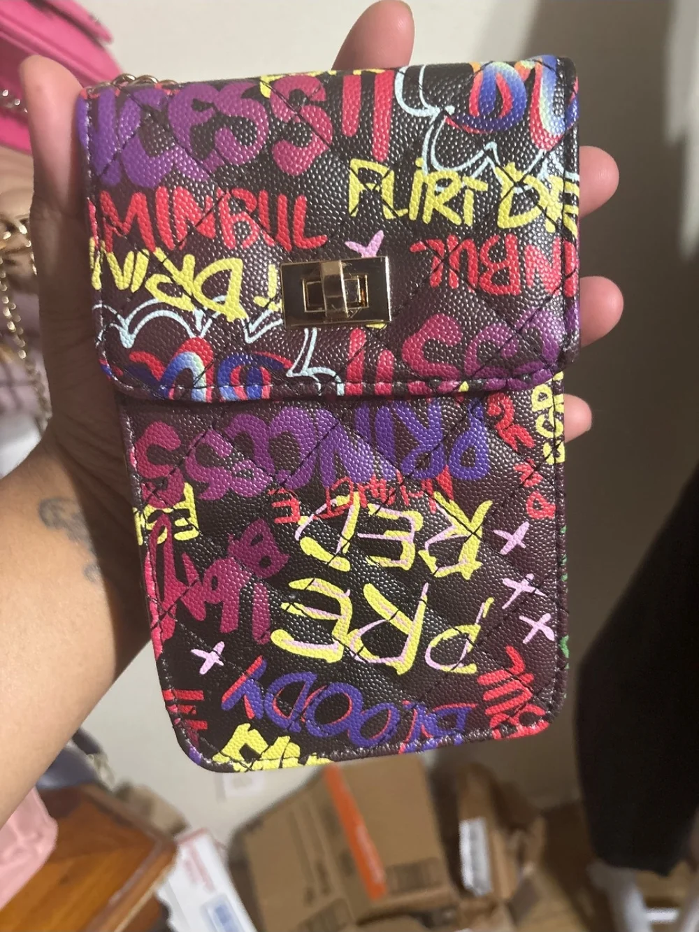 Phone Crossbody Pouch – Graffiti Print (Black)